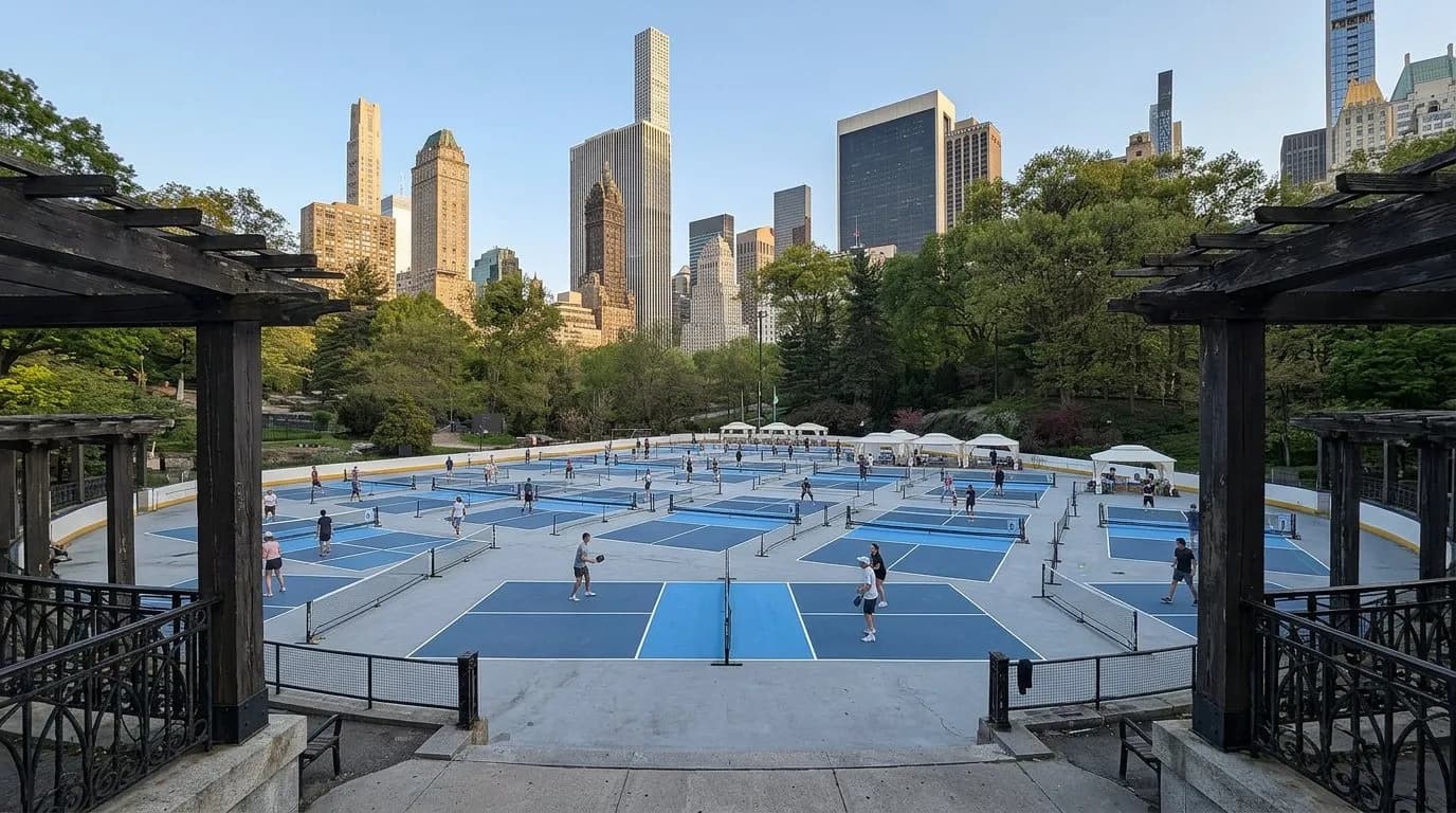 Outdoor pickleball courts laid inside a sunken park rink with skyline behind trees