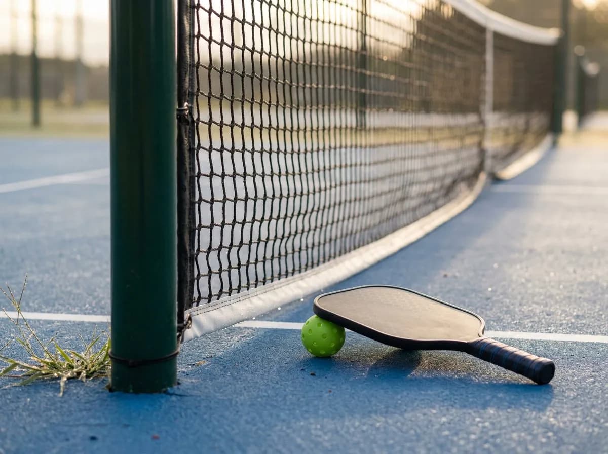 Close view of a pickleball net and paddle resting on a hard court surface