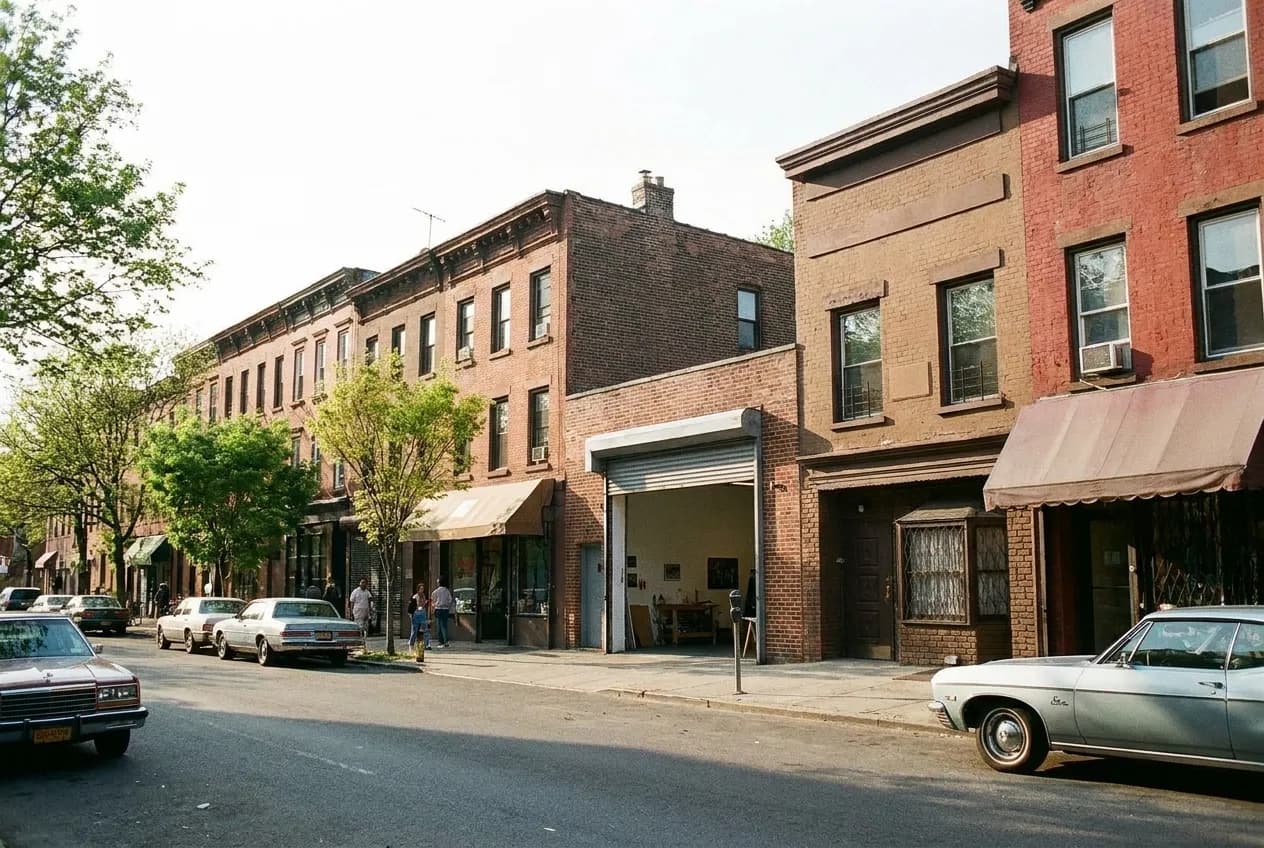 A low brick row of shopfronts along Court Street in Carroll Gardens, Brooklyn, on a clear afternoon