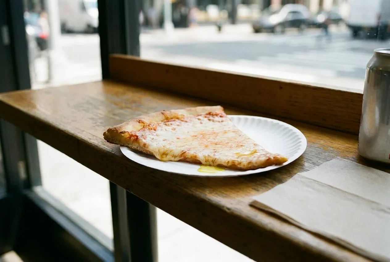 A plain cheese slice on a paper plate on a narrow standing counter by a window