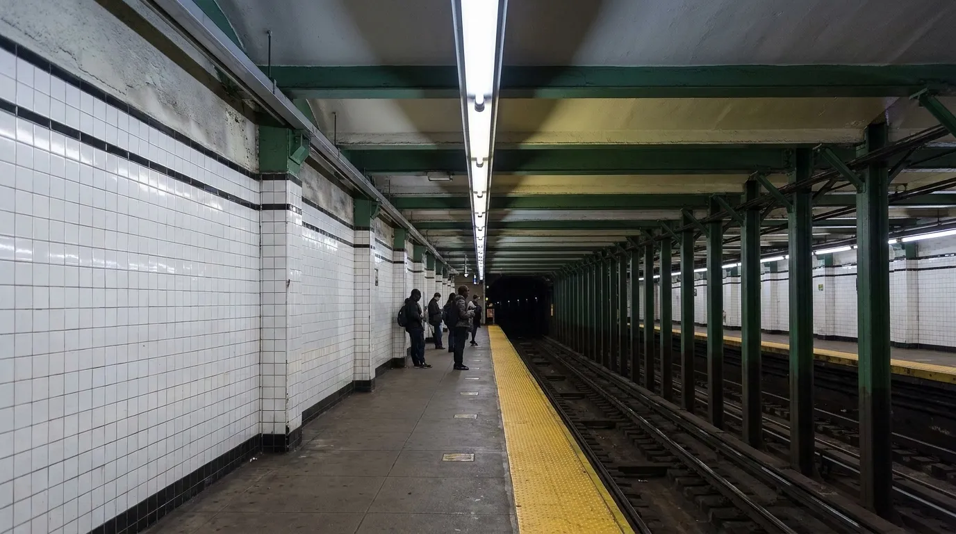 Eastern Parkway–Brooklyn Museum subway platform at dusk with fluorescent lighting and waiting commuters