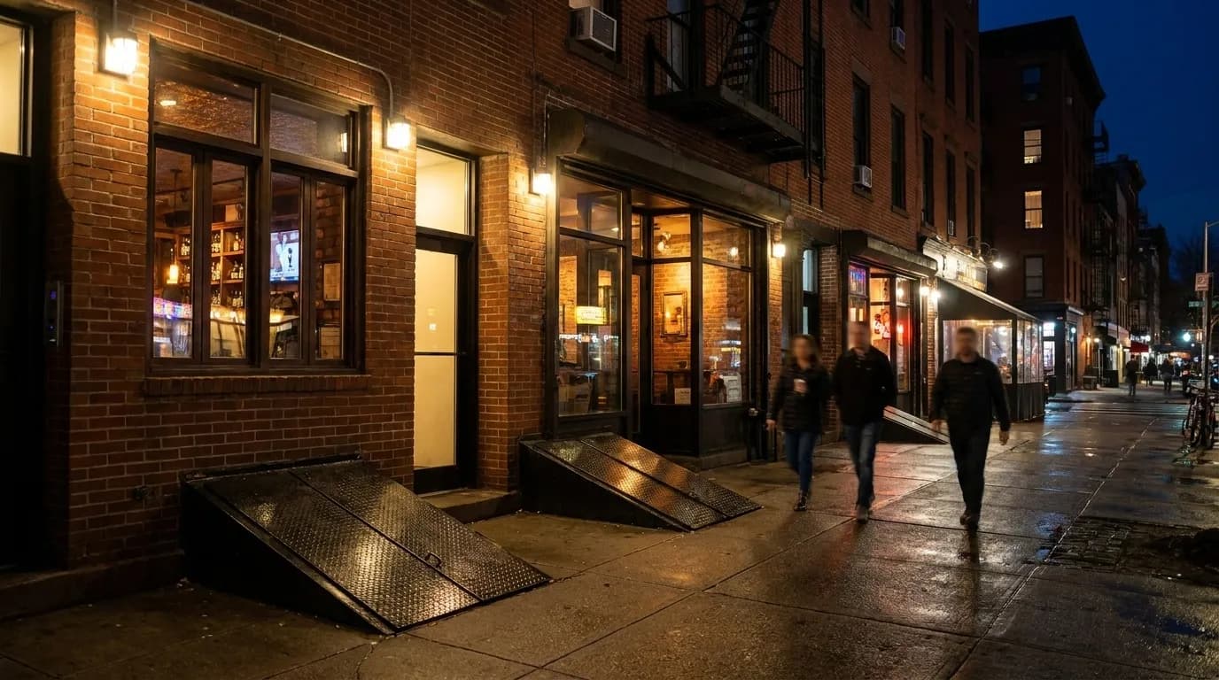Third Avenue East Village sidewalk at night with lit storefronts and pedestrians