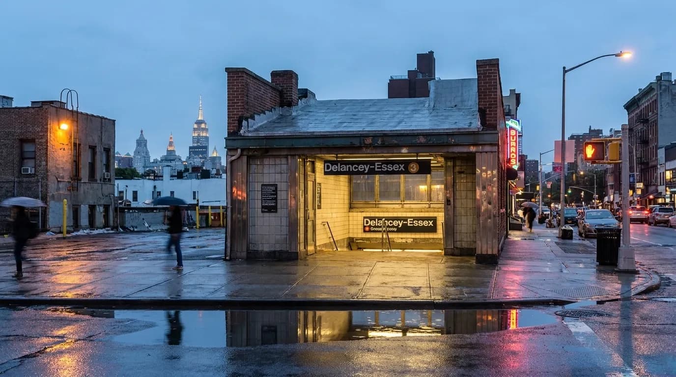 Delancey-Essex subway station entrance at dusk in Manhattan's Lower East Side