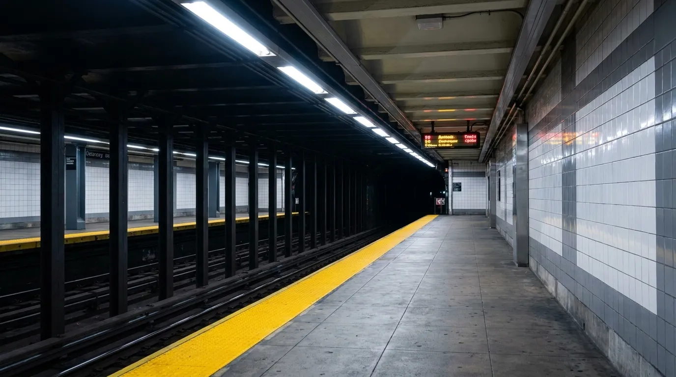 Subway platform at Delancey-Essex station in Lower Manhattan