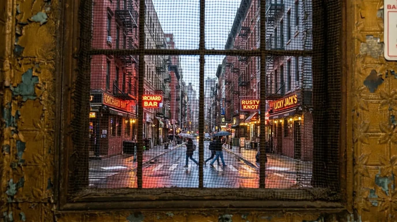 Orchard Street in the Lower East Side at dusk, showing bars and storefronts with lit signs and fire escapes
