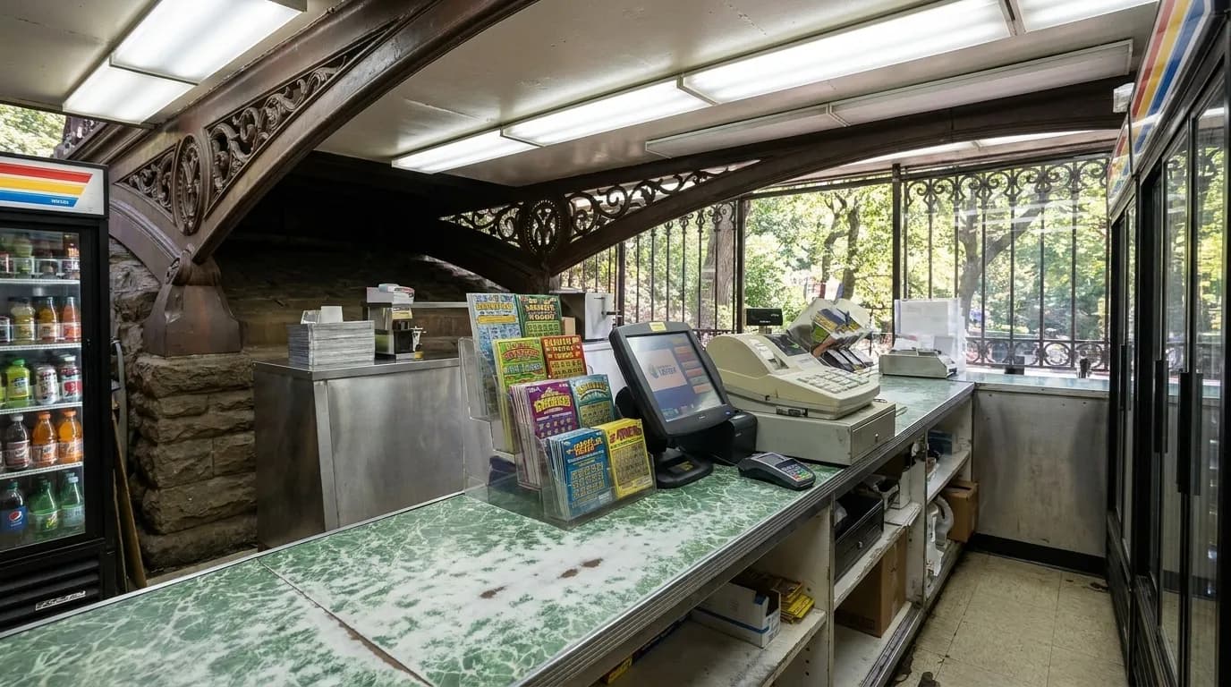 Interior of a New York City deli counter with lottery terminal and ticket display under bright fluorescent light