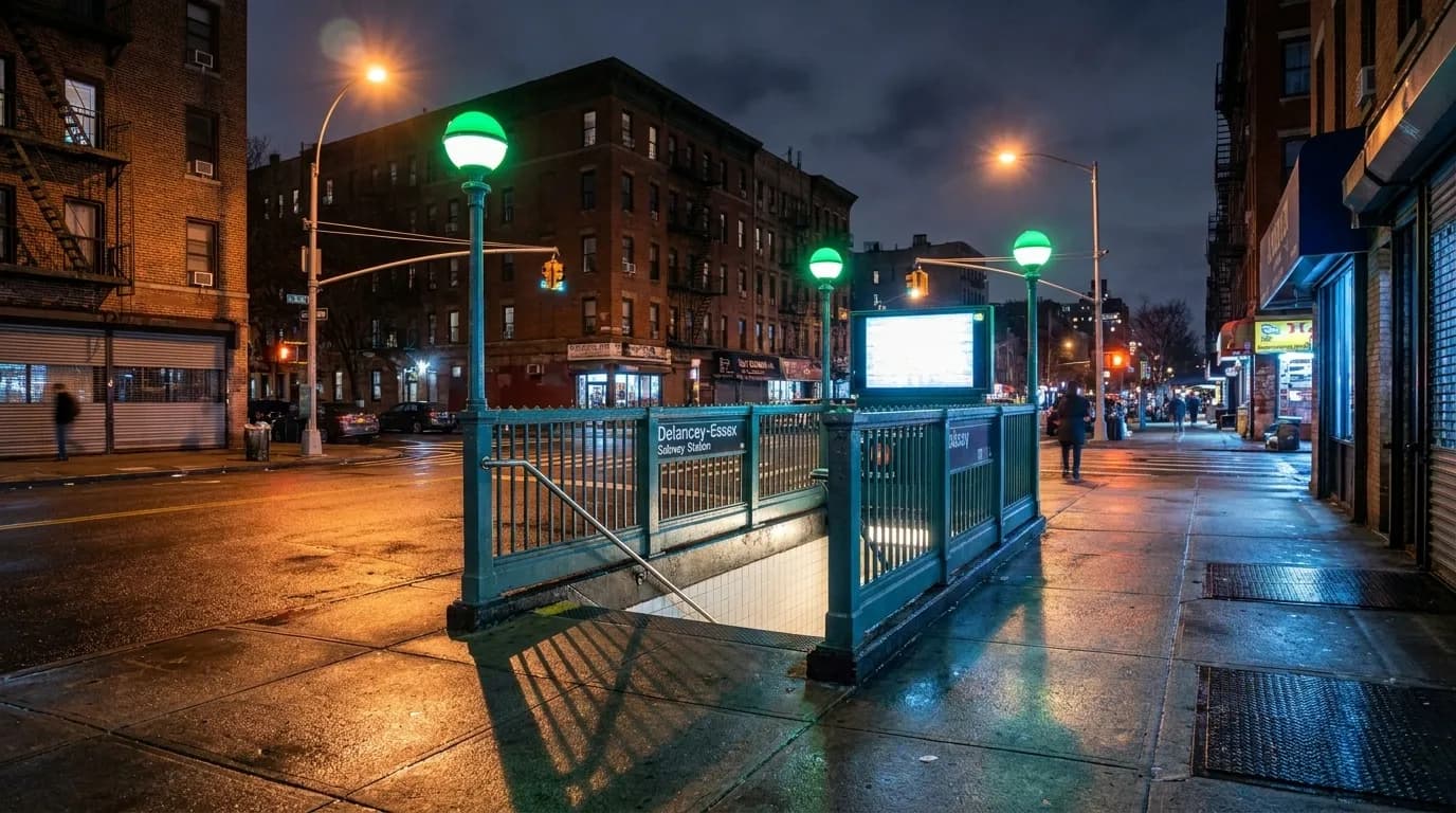 Delancey-Essex subway station entrance at night with illuminated MTA globe and stairway leading underground