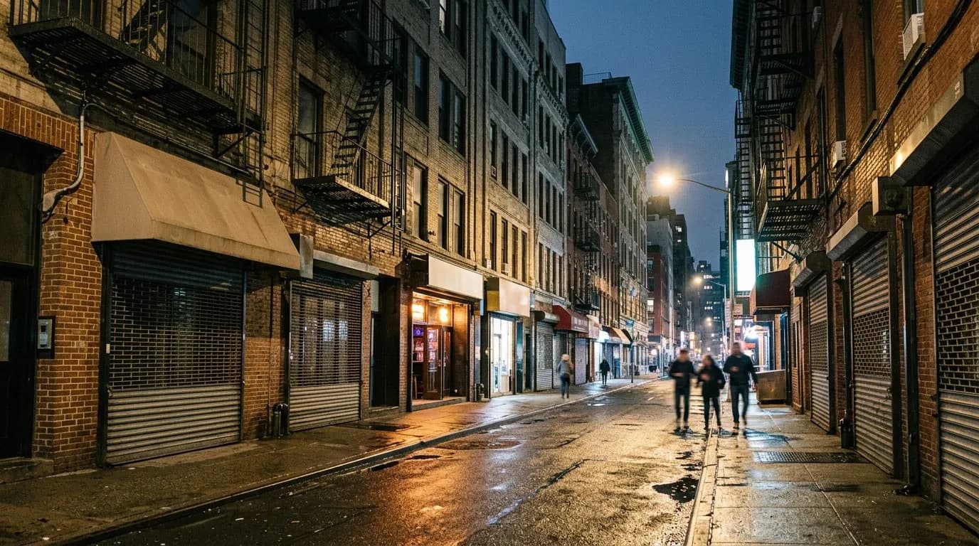 Midtown Manhattan side street at night with storefronts and bar entrances