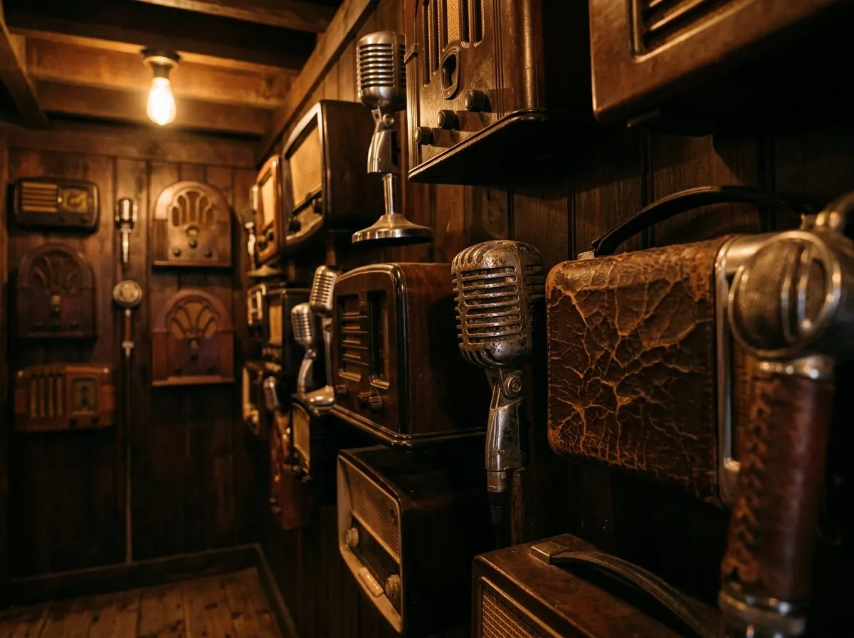 Wall of antique radios and vintage microphones in a dim bar corridor