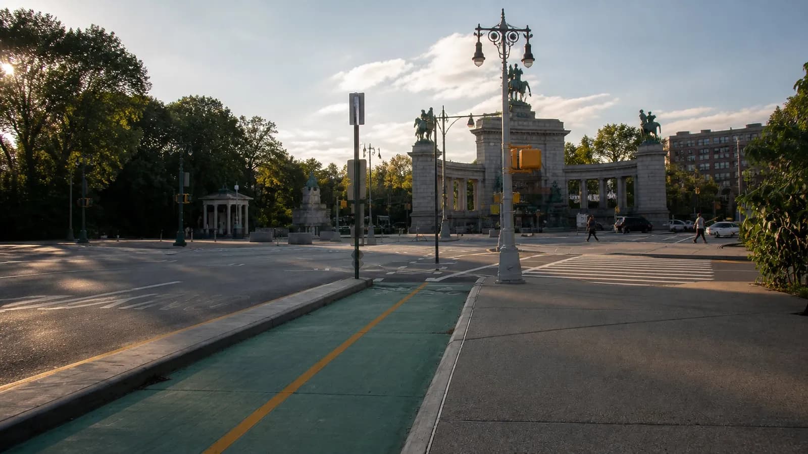 Wide view of Grand Army Plaza at the Prospect Park entrance in Brooklyn.