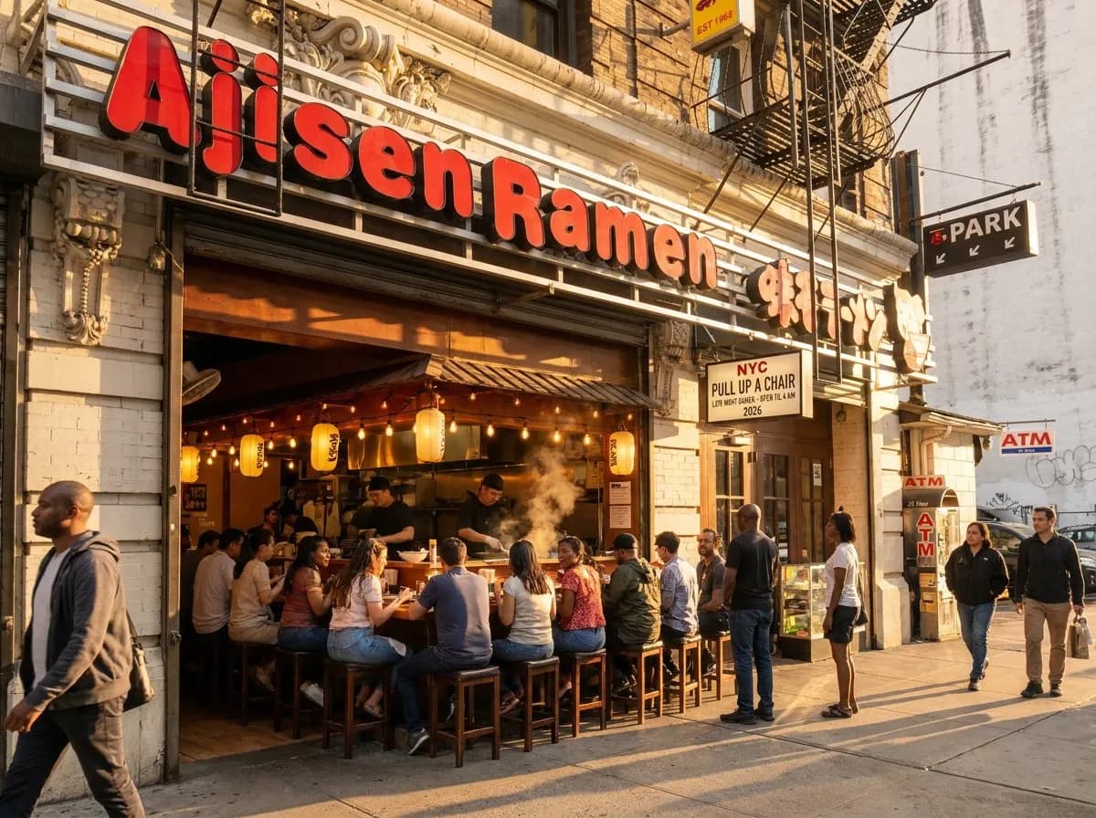 Late-night ramen counter in Manhattan with steaming bowls under warm lighting