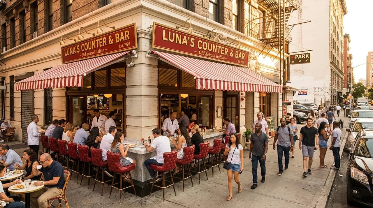 Classic Italian restaurant counter with worn wooden stools facing an open kitchen in Lower Manhattan