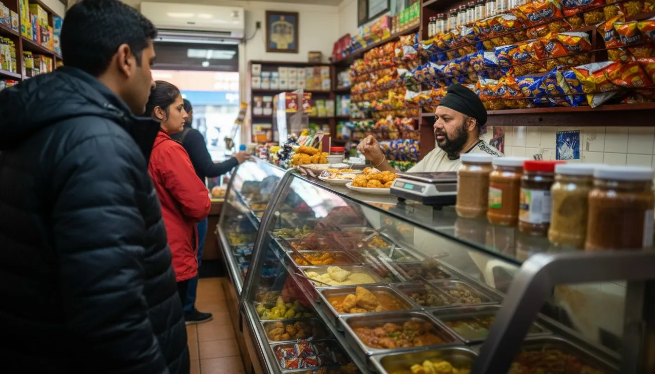 Realistic editorial view of Punjabi Grocery & Deli in New York City