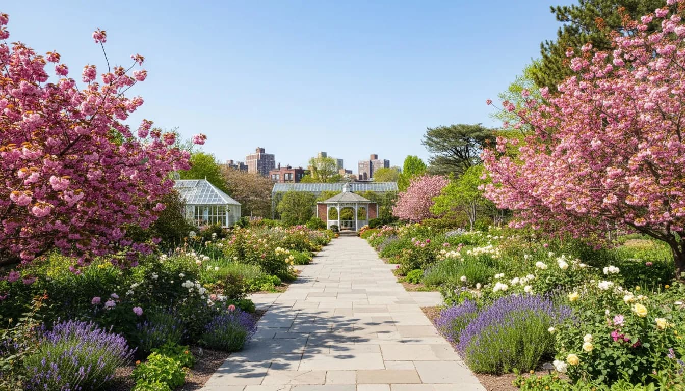 Realistic editorial view of Queens Botanical Garden Fragrance Walk in New York City