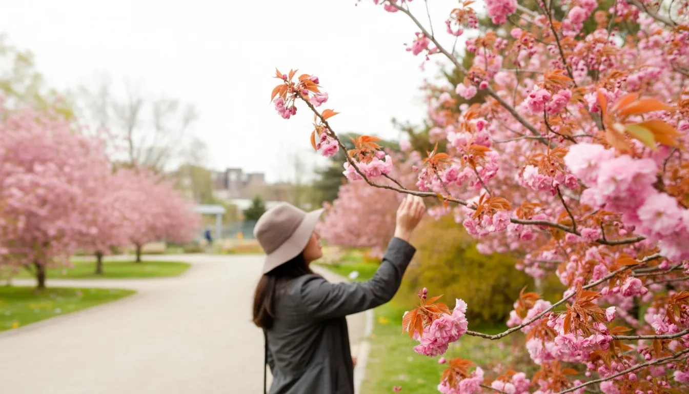 Realistic editorial view of Queens Botanical Garden Fragrance Walk in New York City