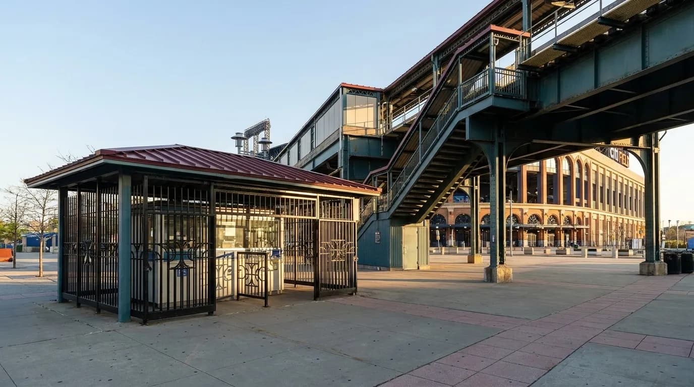 Citi Field main entrance and Mets-Willets Point subway station walkway in Queens