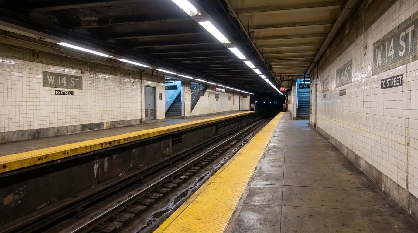 Empty subway platform in Brooklyn with tiled walls and yellow safety strip under evening fluorescent lights