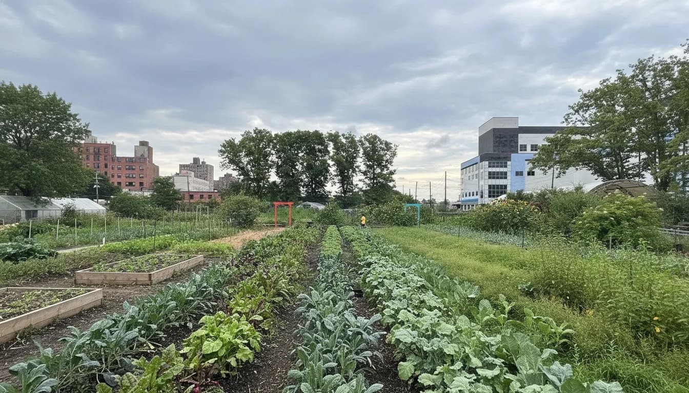 Realistic editorial view of Red Hook Farms in New York City