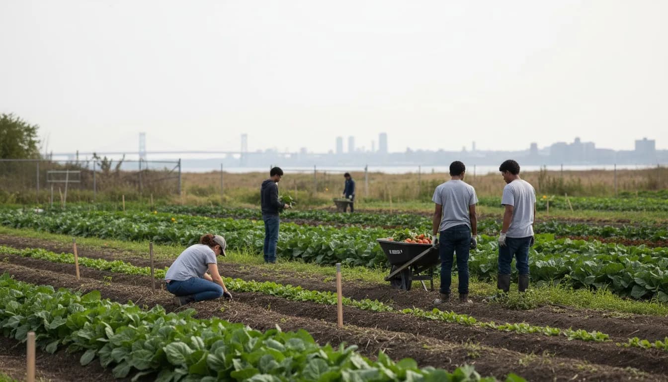 Realistic editorial view of Red Hook Farms in New York City