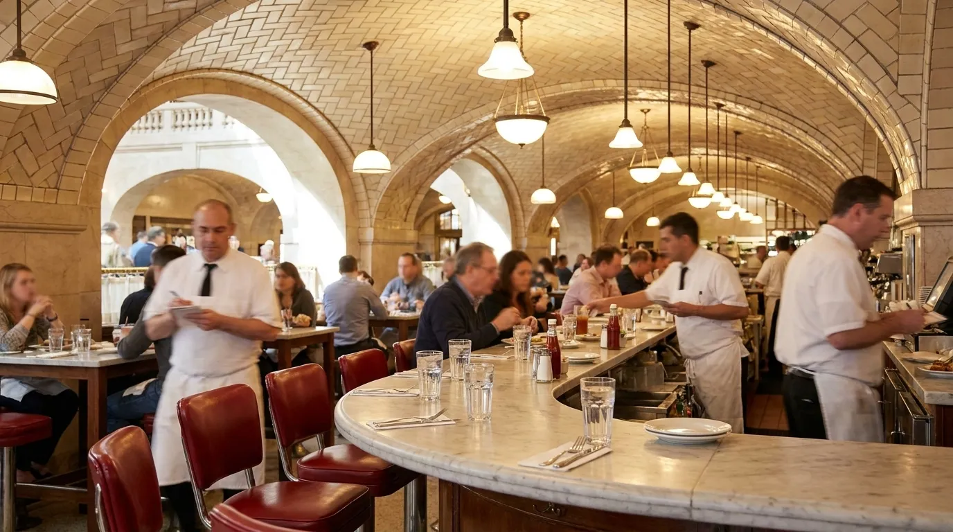 Curved marble counter with red vinyl stools inside Grand Central Oyster Bar, vaulted tile ceiling above