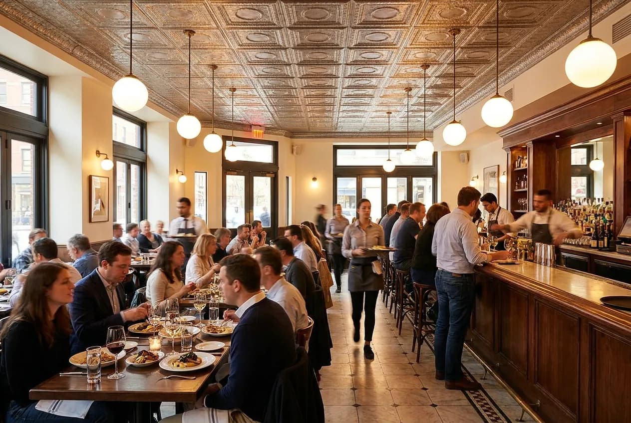 A busy upscale New York bistro dining room with a pressed-tin ceiling, hanging pendant lights and packed tables