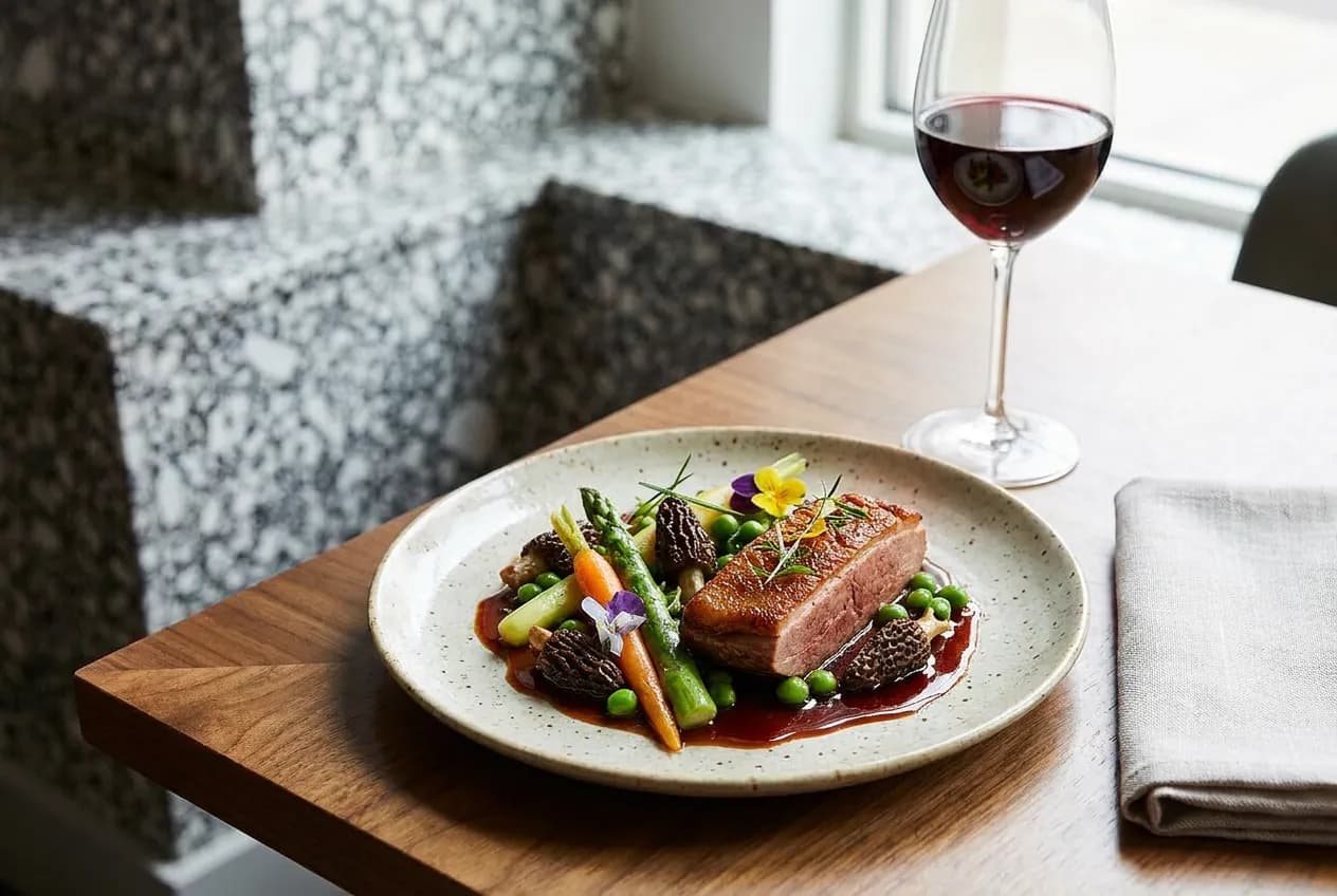 An elegant plated prix-fixe course with a glass of red wine on a wooden restaurant table in soft window light