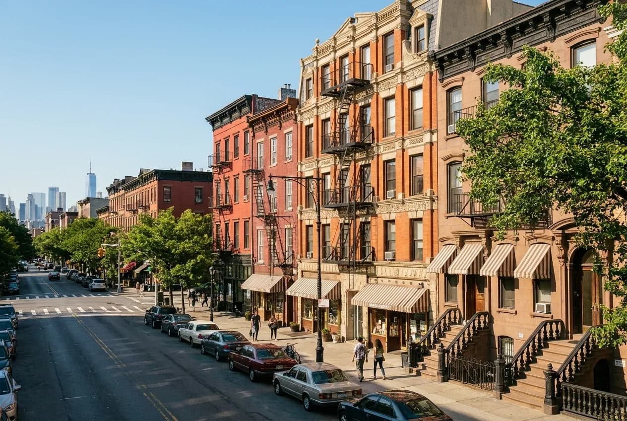 A row of brownstone storefronts along Atlantic Avenue in Brooklyn on a clear afternoon