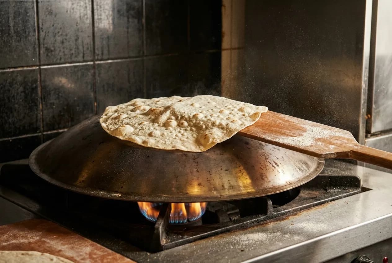 A domed metal bread oven with thin flatbread being lifted from its surface