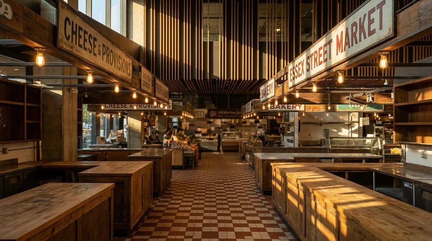 Interior of Essex Street Market on the Lower East Side showing vintage tile floors and market stalls in afternoon light