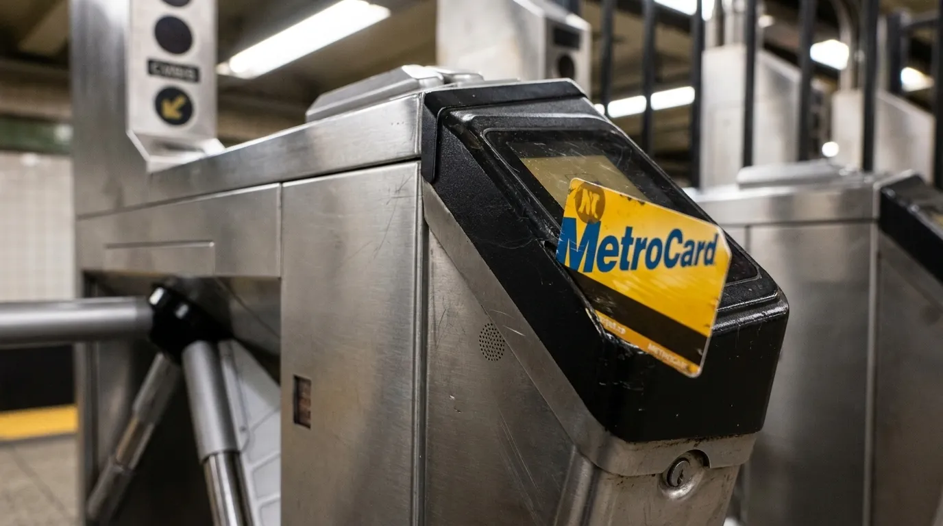 Close-up of a MetroCard being swiped through a New York City subway turnstile