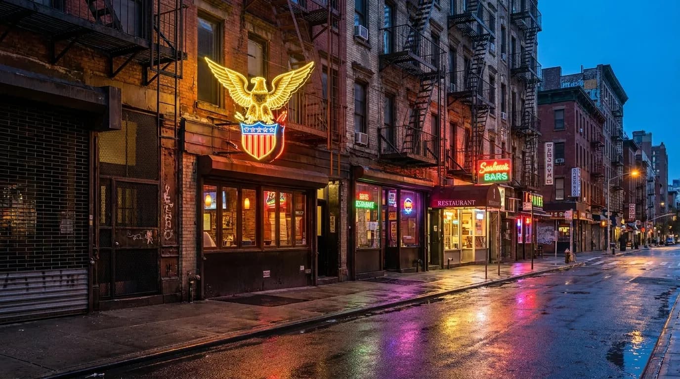 Orchard Street on the Lower East Side at night with illuminated restaurant storefronts and wet pavement reflections