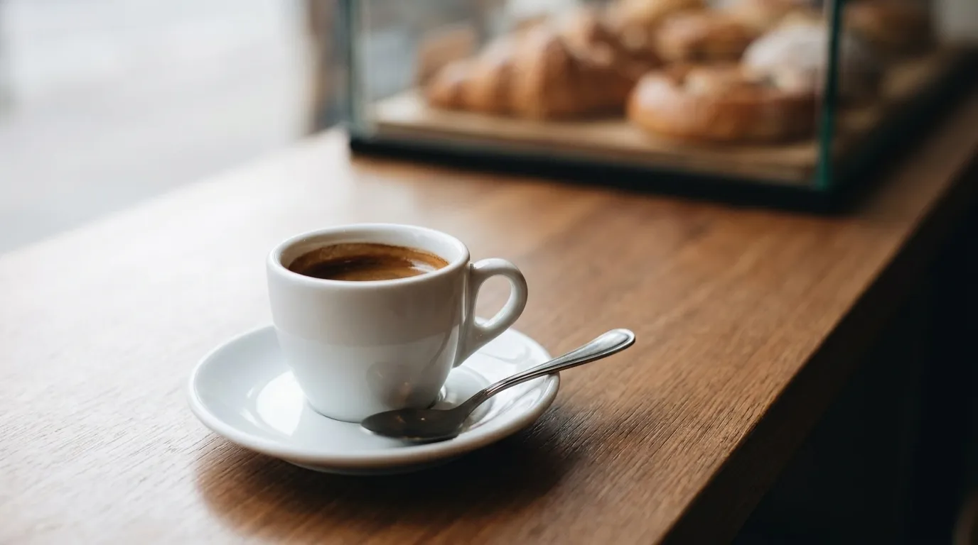 A white espresso cup on a wooden café counter with soft natural window light illuminating the dark coffee inside.