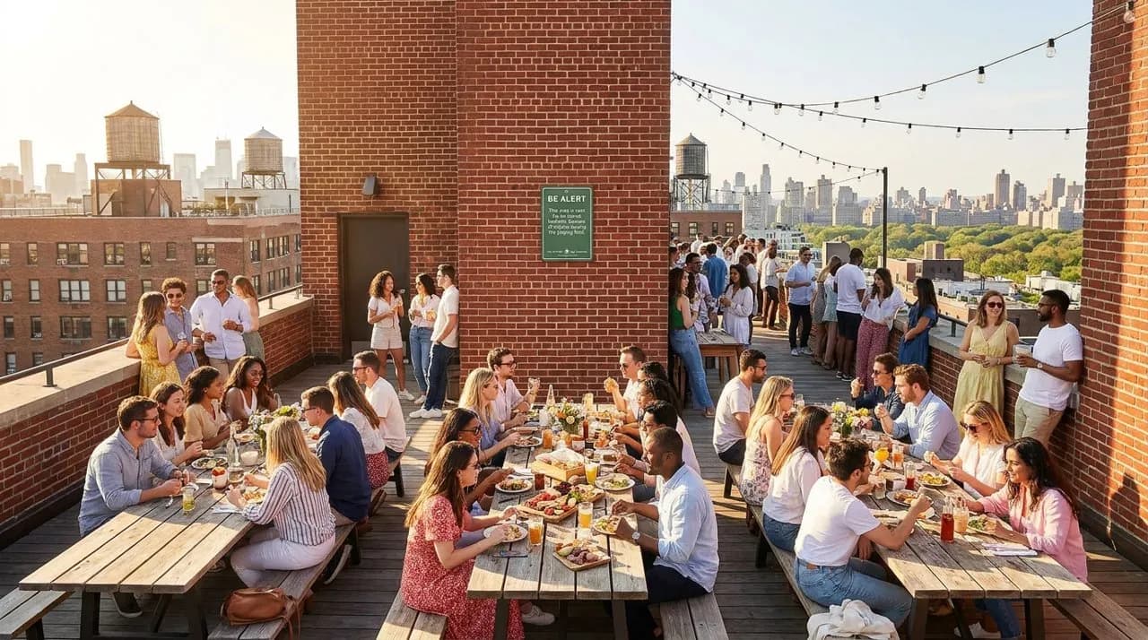 Sunlit rooftop brunch table overlooking New York City skyline with glasses of orange juice and coffee