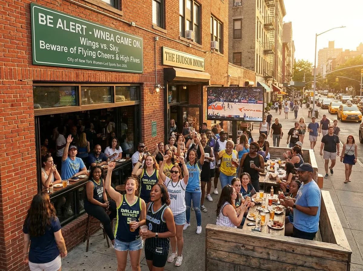 Basketball game atmosphere in an inclusive sports bar with diverse crowd watching WNBA action on multiple screens