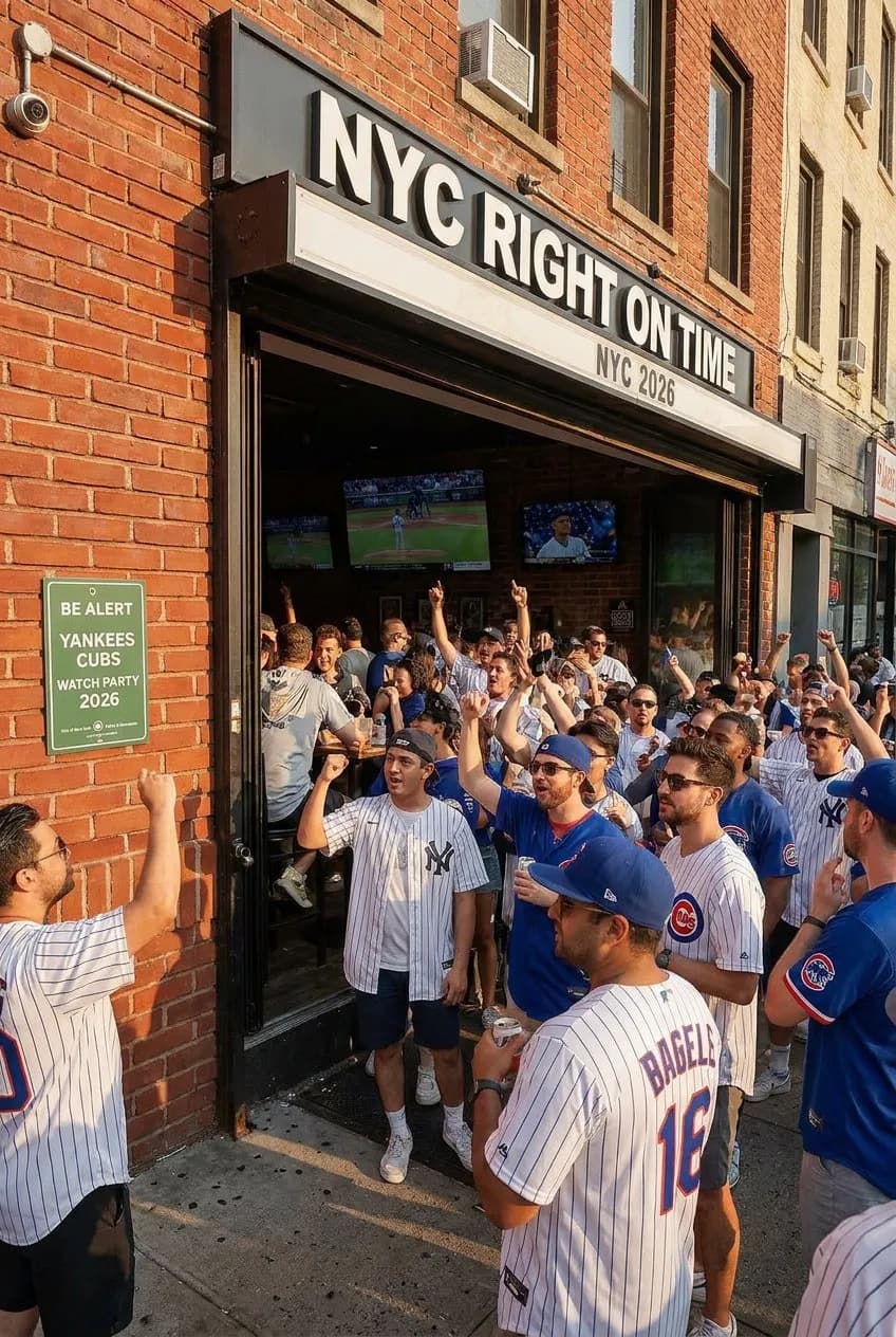 Classic New York sports bar interior with baseball memorabilia and multiple television screens