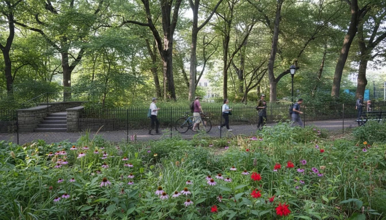 Realistic editorial view of Riverside Park Bird Sanctuary in New York City