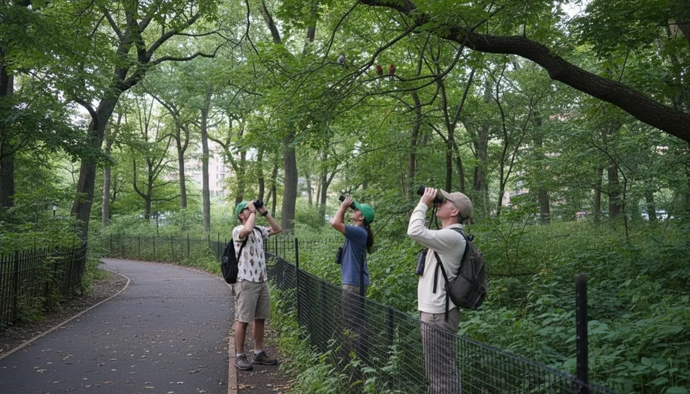 Realistic editorial view of Riverside Park Bird Sanctuary in New York City