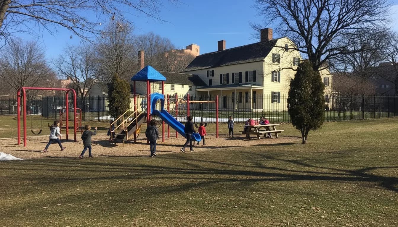 Realistic editorial view of Rufus King Park in New York City