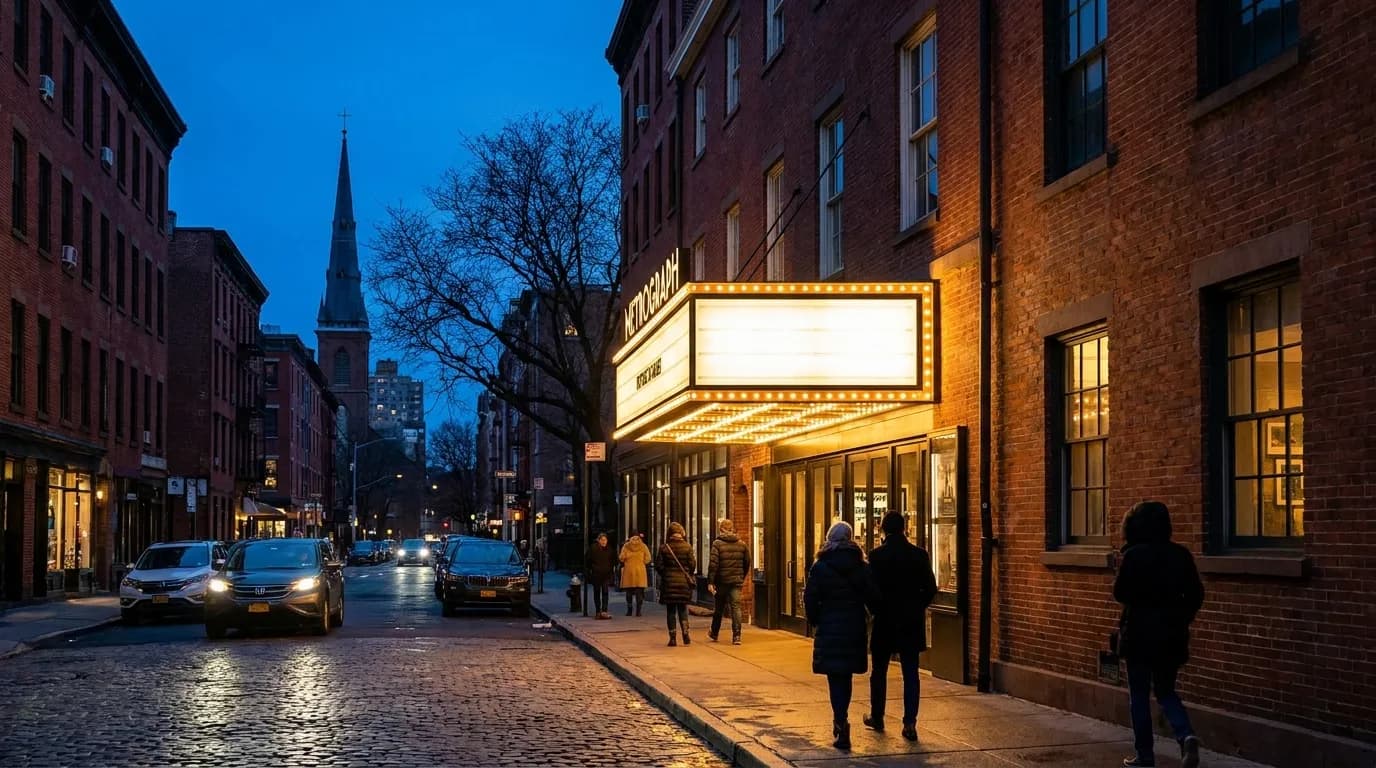 Metrograph theater entrance on Ludlow Street in Manhattan's Lower East Side at dusk