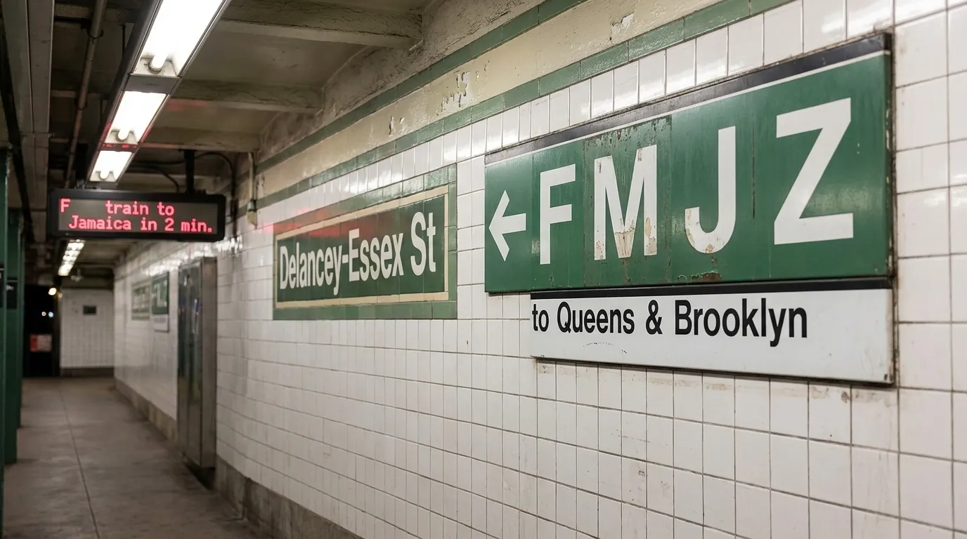 Subway platform signage and tile detail at Delancey-Essex Street station in Manhattan