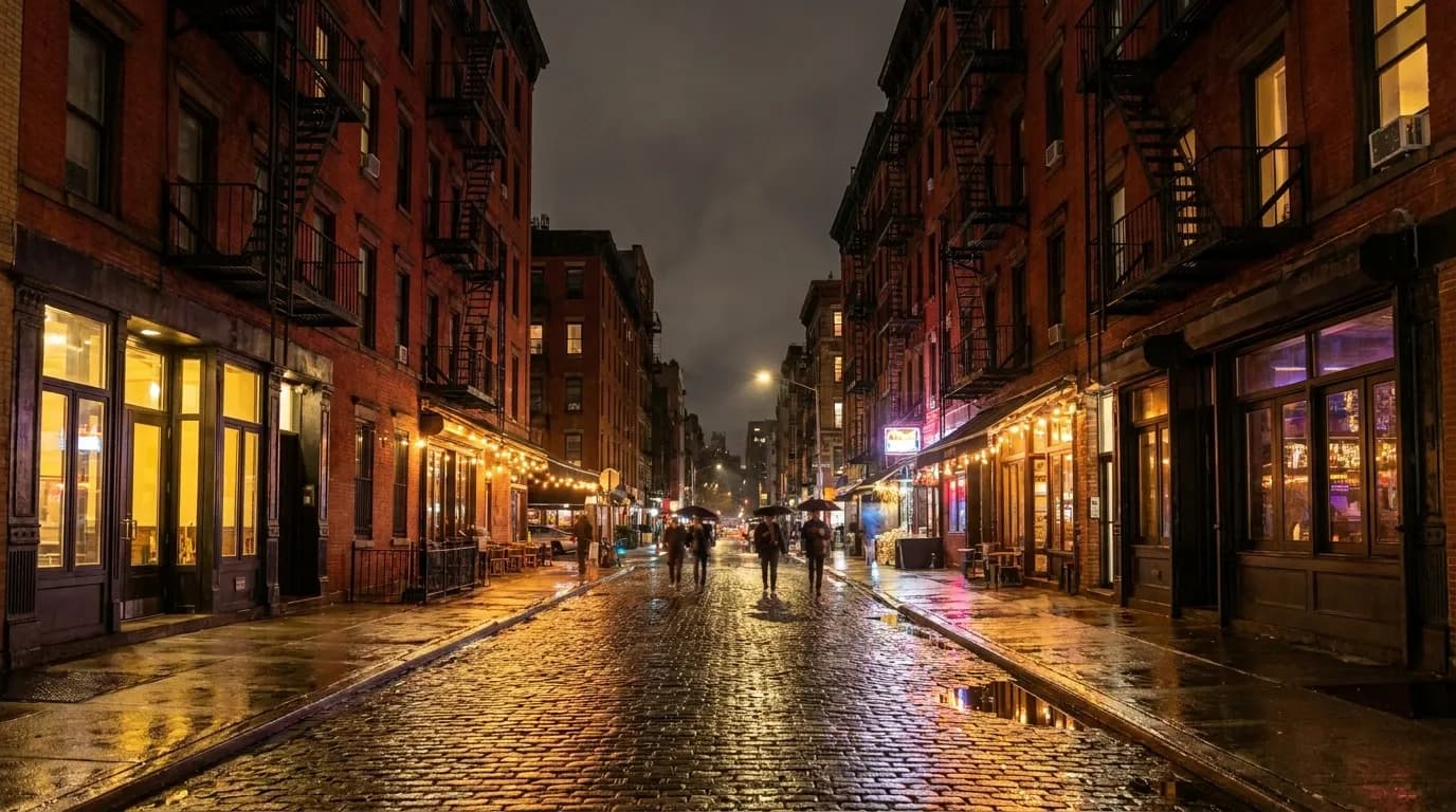 Rivington Street in the Lower East Side at night with illuminated storefronts and pedestrians