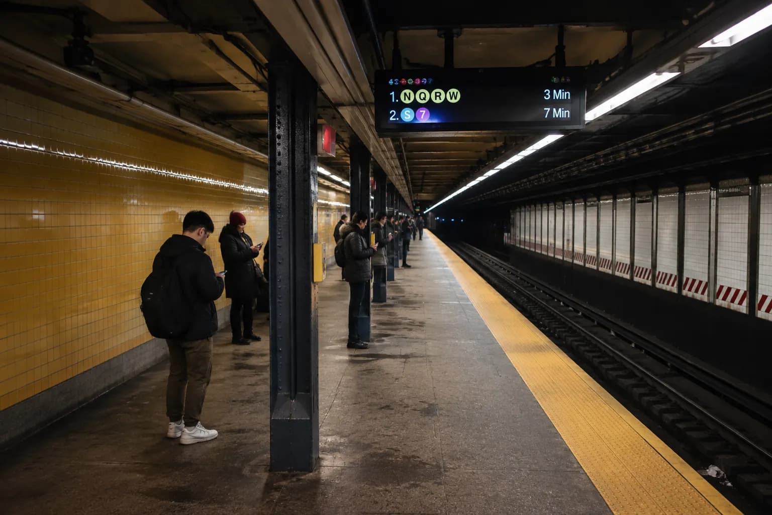 Times Square subway platform at night with arrival boards and waiting commuters