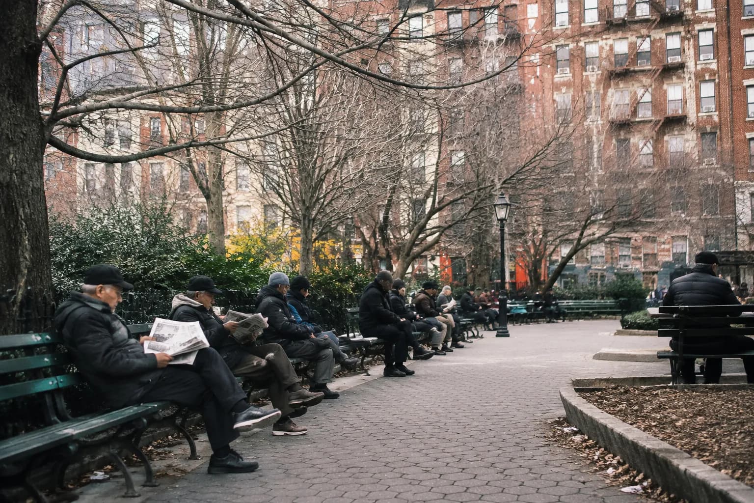 Columbus Park in Chinatown with benches and afternoon visitors