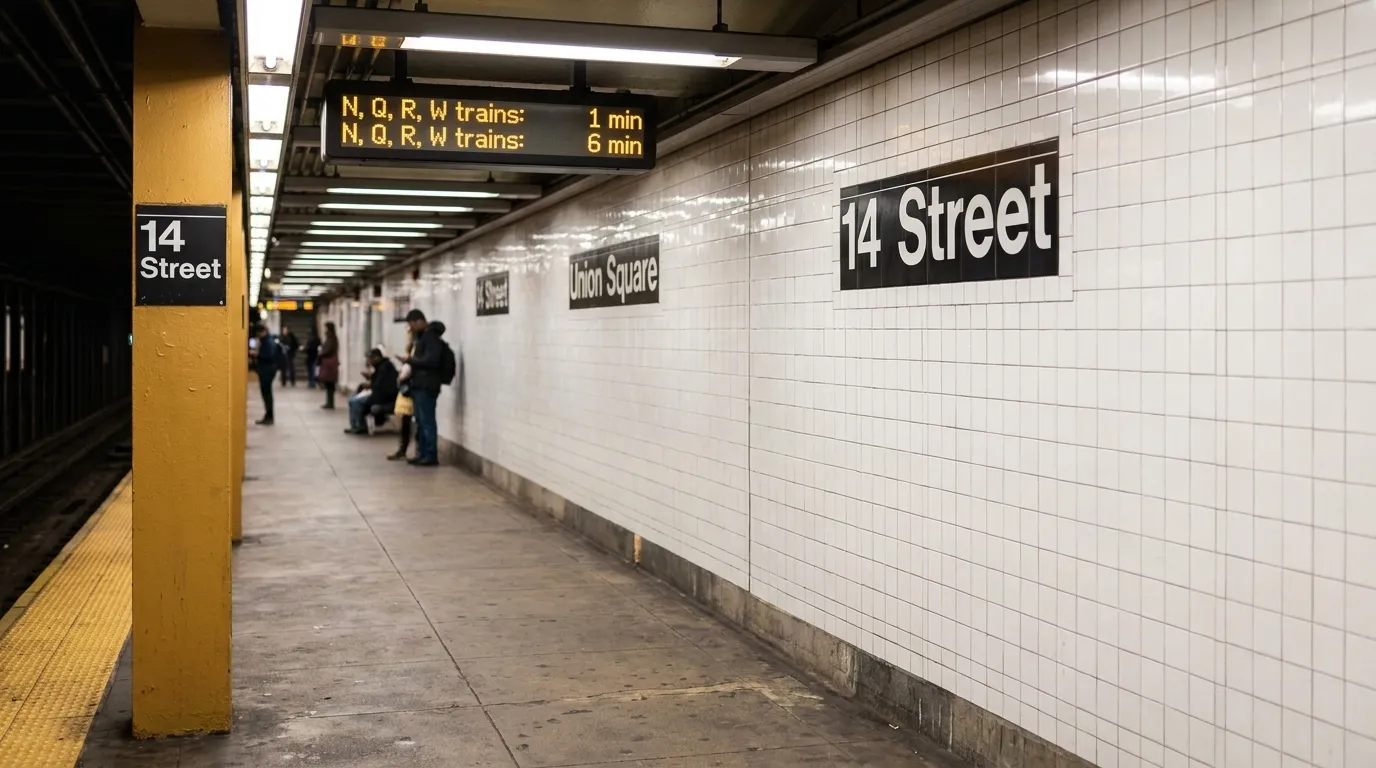 Union Square subway platform at night with train arrival countdown board and waiting commuters