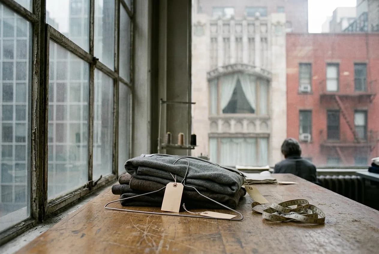 Close-up of folded sample-sale garments and price tags on a tabletop near a Garment District window in New York City
