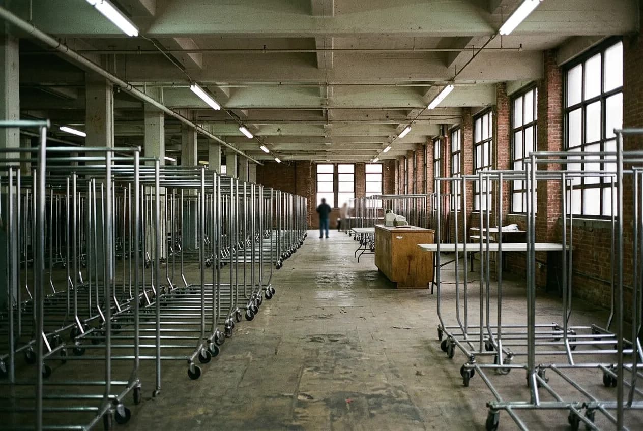 Wide view of empty rolling racks and a checkout counter inside a Garment District selling floor in New York City