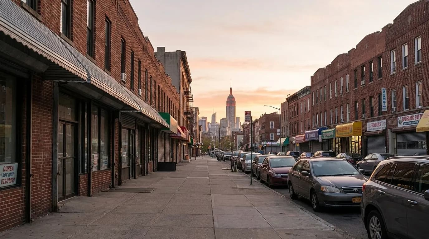 Fifth Avenue in Sunset Park, Brooklyn, with brick buildings and quiet sidewalks in morning light