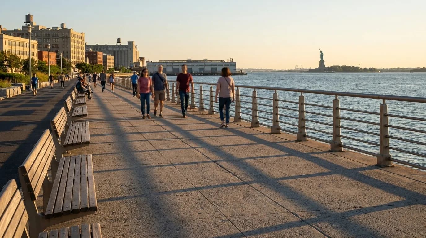 Sunset Park waterfront promenade overlooking New York Harbor at dusk, with benches and walking path.