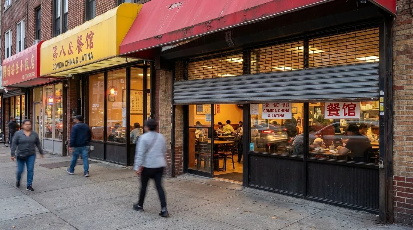 Restaurant storefront along Eighth Avenue in Sunset Park with multilingual signage and evening foot traffic.