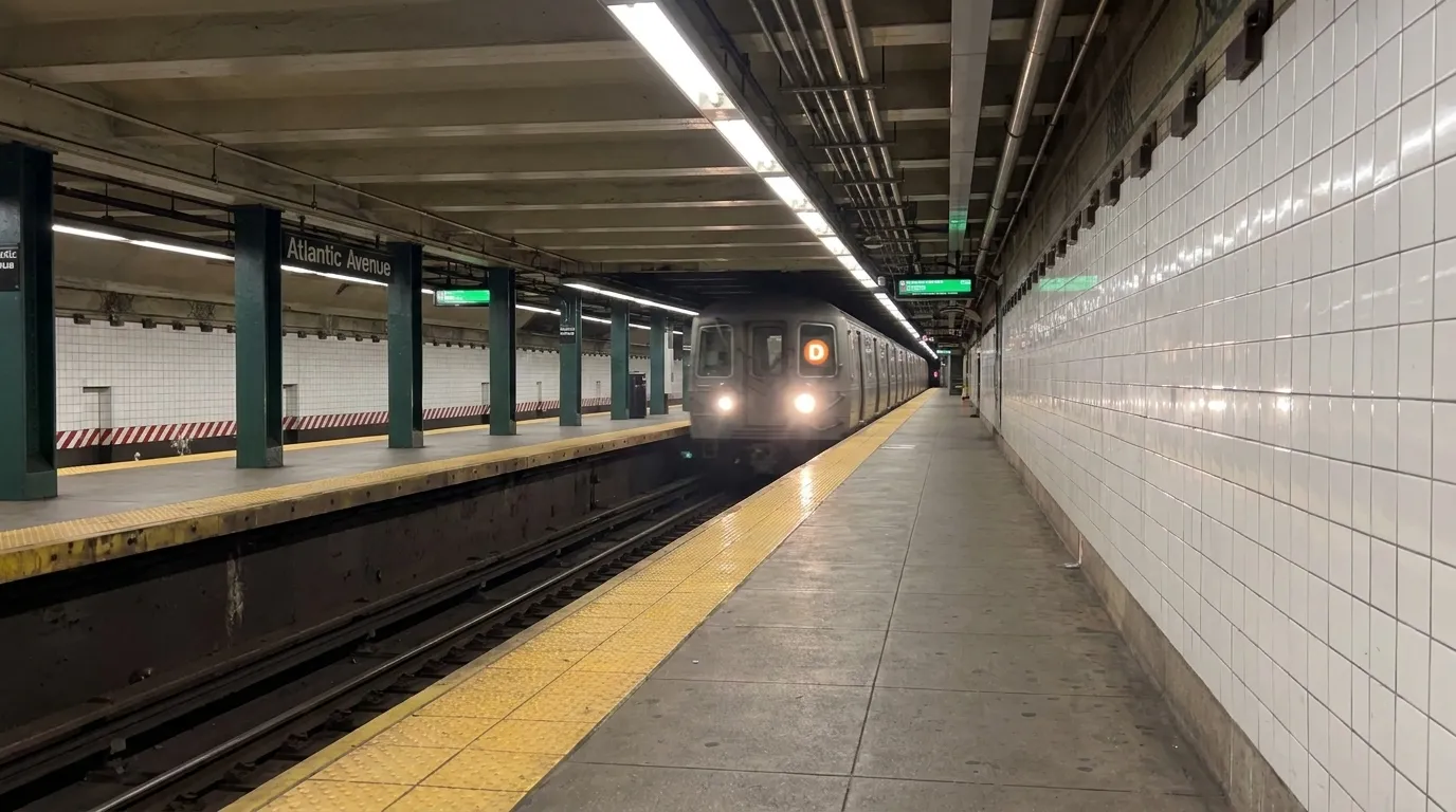 D train approaching a Brooklyn subway platform with yellow safety strip and tiled station walls.
